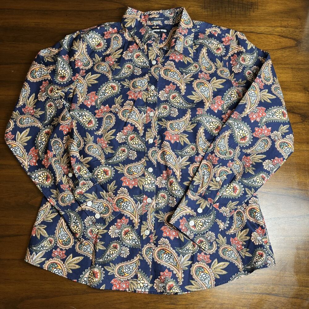 Lands’ End Sz 4P Blue Orange Paisley No Iron Supima Long Sleeve Button Up Coast